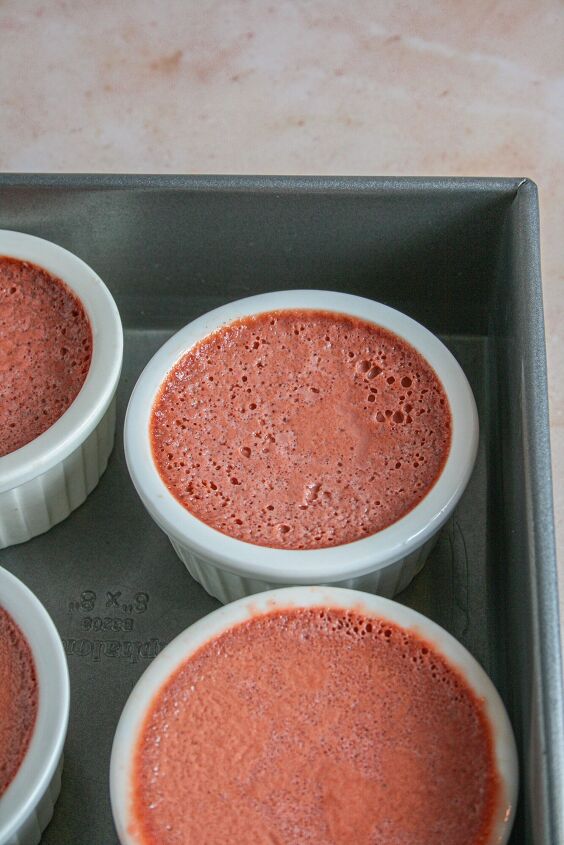 red velvet creme brulee, Ramekins filled with red velvet creme brulee custard after baking