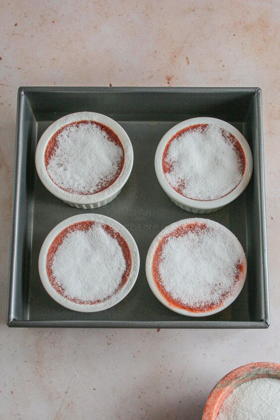 red velvet creme brulee, Baked red velvet creme brulee with sugar on top ready to be broiled or torched