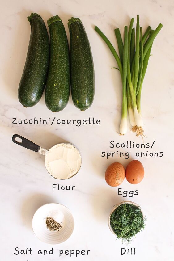 the best savoury zucchini pancakes courgette pancakes, Pancake recipe ingredients laid out on a white background