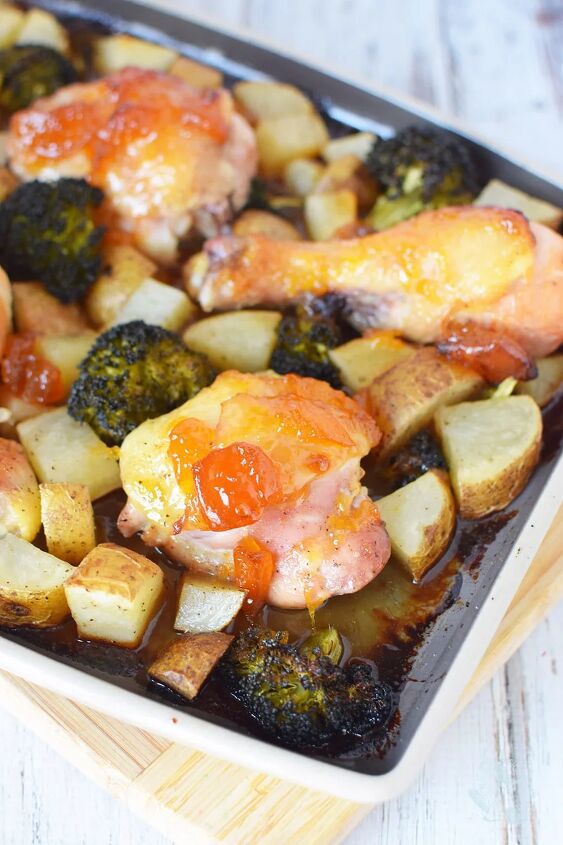 peach chicken sheet pan dinner recipe, Chicken and veggies topped with peach preserves on a sheet pan
