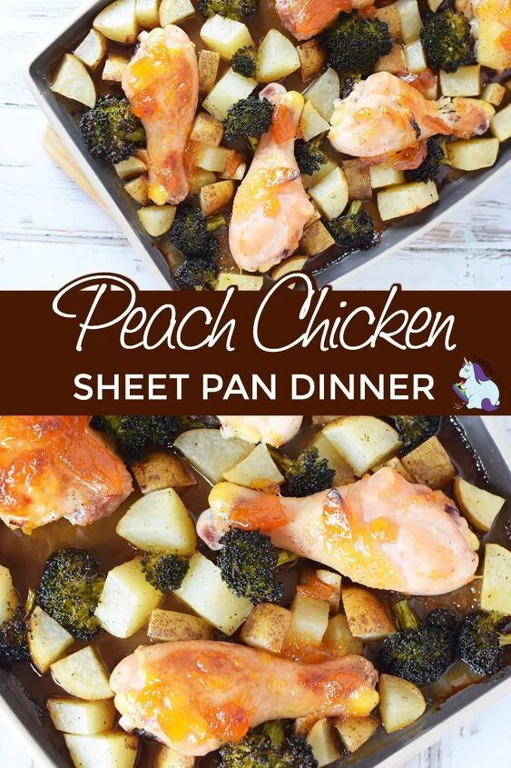 peach chicken sheet pan dinner recipe, Chicken legs potatoes broccoli and peach on a sheet pan