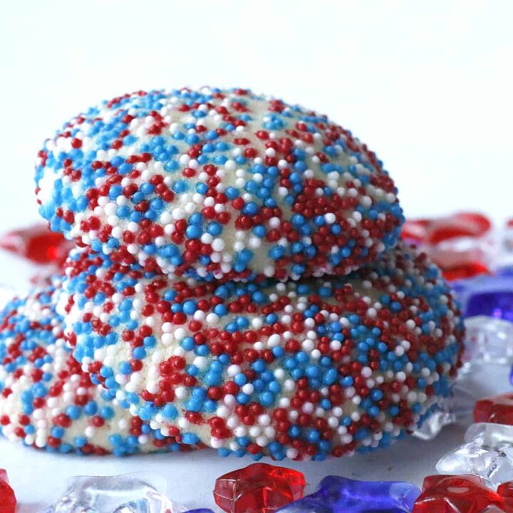 red white blue 4th of july cookies with sprinkles, stacked sprinkle cookies
