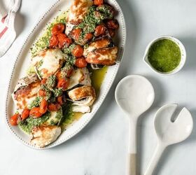 easy one pan basil halloumi chicken, basil halloumi chicken on a ceramic platter with ceramic serving utensils