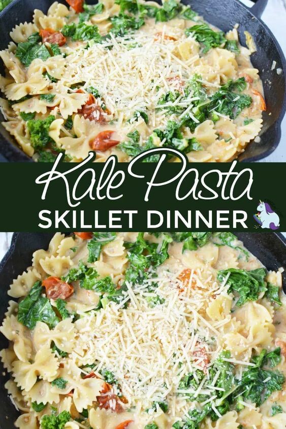 kale pasta recipe, Kale pasta dinner in a skillet topped with Parmesan cheese