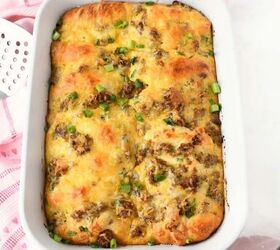 sausage cheese crescent roll breakfast casserole, A baked sausage crescent casserole in a white baking dish
