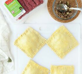 easy cheesy beef onion potato puff pastry pockets, Puff pastry squares on a white table