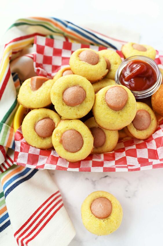 mini corn dog muffin bites, Jiffy Mini Corn Dogs in a red and white checkered basket