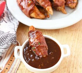 air fryer bacon wrapped chicken tenders, A bacon wrapped chicken tender in sweet glaze