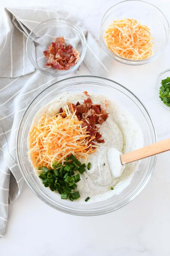 creamy loaded potato chip dip, Ranch Dip Ingredients in a glass mixing bowl