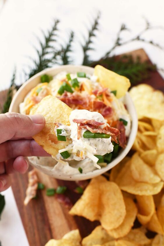 creamy loaded potato chip dip, Creamy chip dip with bacon and cheese in a bowl