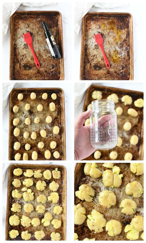 easy oven baked loaded smashed baby potatoes, Smashed Baby Potatoes in a four image collage of the baking steps