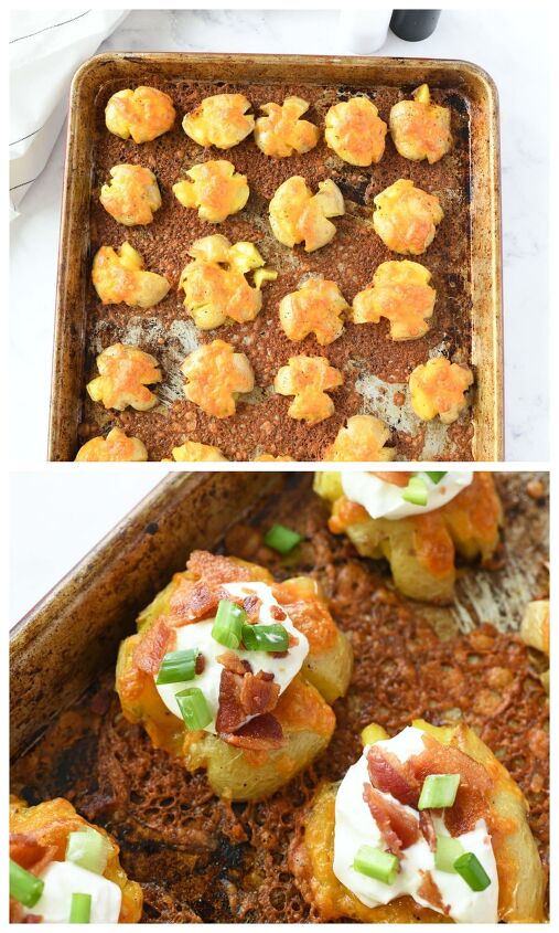 easy oven baked loaded smashed baby potatoes, Loaded Smashed baby potatoes on a baking sheet with toppings
