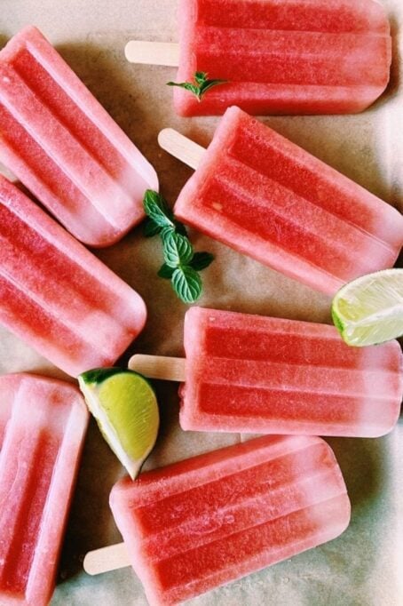 mango popsicles, watermelon popsicles with mint and lime
