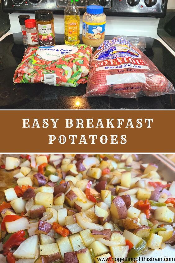 easy breakfast potatoes with bell peppers, A sheet pan of breakfast potatoes with text Easy breakfast potatoes