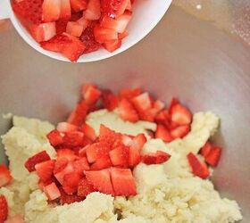 strawberry lemon blondies, Combine the butter sugar egg Add flour baking powder salt Add strawberries to one half and lemon to the other
