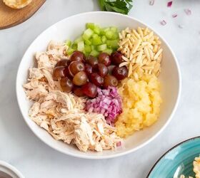 quick and easy pineapple chicken salad in phyllo cups, Ingredients In The Bowl For Pineapple Chicken Salad Appetizer with Grapes Celery and Almonds In Phyllo Cups Midwest Life and Style Blog