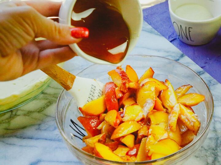 honey peach pie homemade, bowl of fresh peaches made with honey drizzled on top