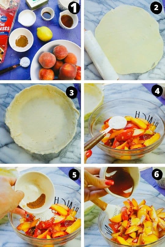 honey peach pie homemade, process shots of how to make a homemade honey peach pie with the peach pie ingredients to make the pie