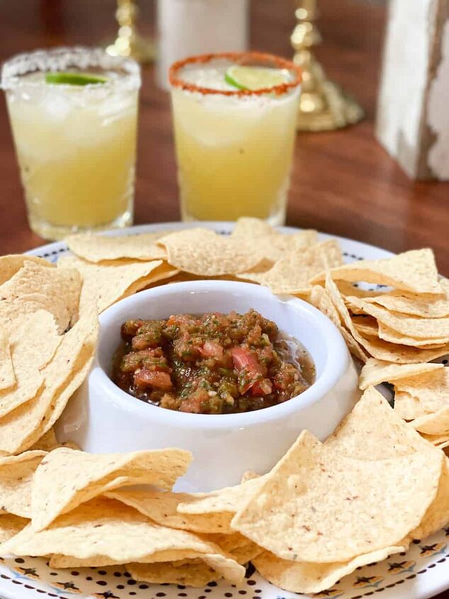 quick and easy healthy mexican salad recipes, A bowl of homemade salsa with chips and margaritas Living Large in a Small House Blog