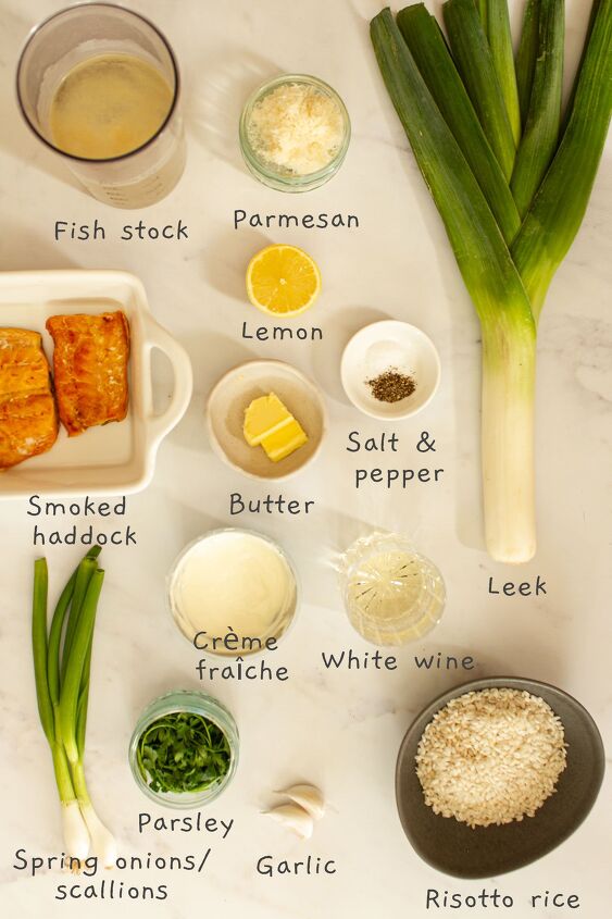 smoked haddock and leek risotto easy one pan recipe, All ingredients laid out on a white background