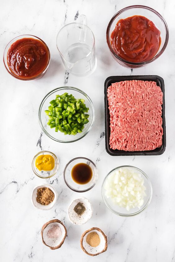 how to make classic sloppy joes with ketchup, ingredients laid out on a table to make classic sloppy joes