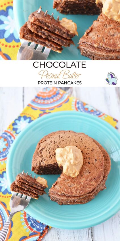 chocolate peanut butter high protein pancakes, Chocolate Peanut Butter High Protein Pancakes on a blue plate