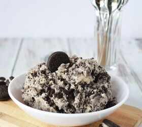 cookies and cream edible cookie dough recipe, Cookies and Cream cookie dough in a bowl next to tasting spoons