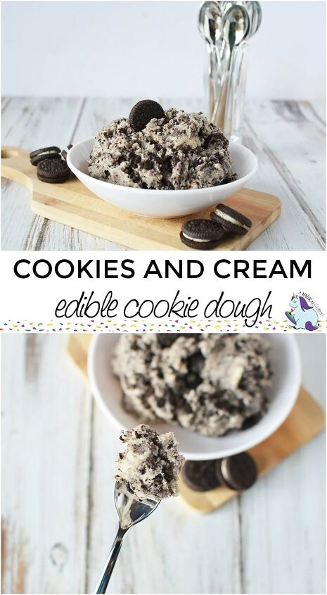cookies and cream edible cookie dough recipe, Bowls of oreo cookie dough with a spoon