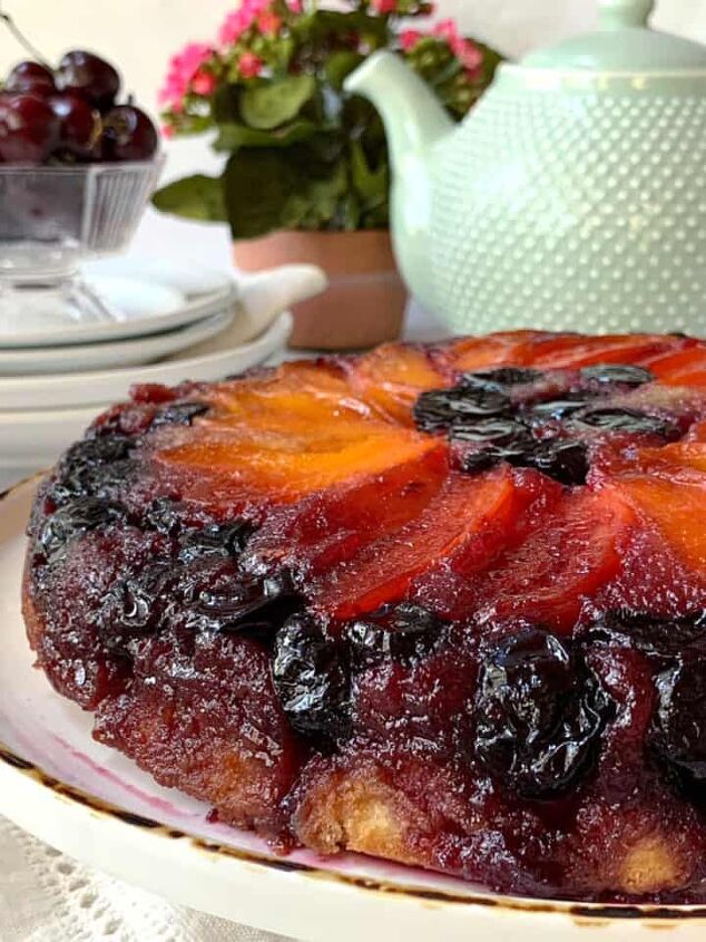 mountain dew bundt cake, Apricot cake with cherries and a green teapot