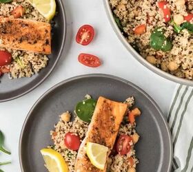 salmon quinoa salad with lemon dressing, Plates of salmon quinoa salad