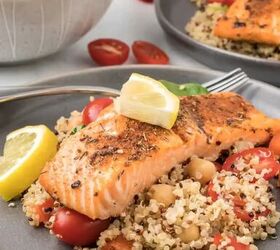 salmon quinoa salad with lemon dressing, A close up of the salmon fillet on the quinoa