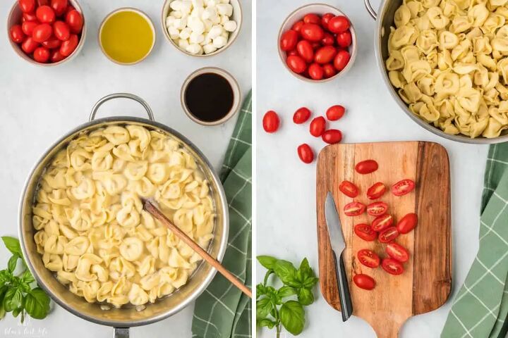 tortellini caprese pasta salad with balsamic, The pasta cooking and the tomatoes cut on a cutting board
