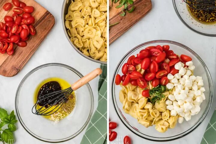 tortellini caprese pasta salad with balsamic, Mixing together the dressing ingredients and putting the salad in a large mixing bowl