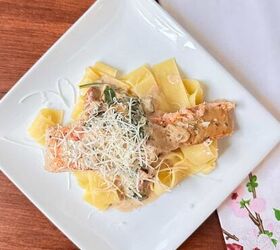 5 easy dinners with sun dried tomato cream sauce, sun dried tomato cream sauce served over pappardelle pasta and salmon on a white square plate