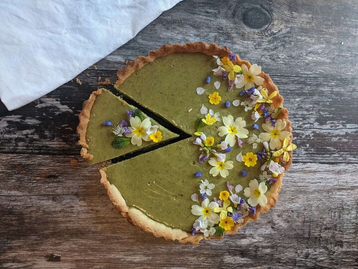 cutting a slice of lemon nettle tart