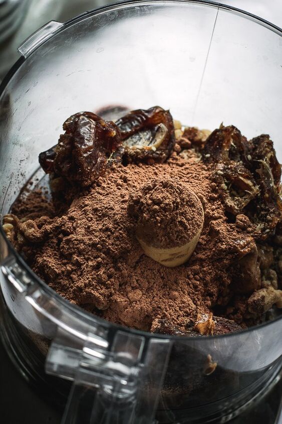 no bake brownie bites with adaptogenic mushroom powder vegan paleo, ingredients mixed in food processor