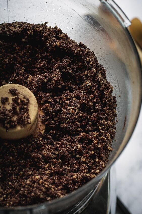no bake brownie bites with adaptogenic mushroom powder vegan paleo, chocolate mixture in food processor