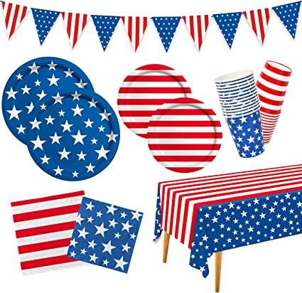 fireworks ice cream brownie sundae, 4th of July American red white and blue plates napkins tablecloth and party decor