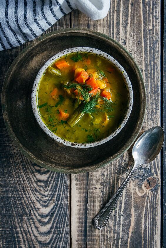 bone broth vegetable soup vegan option, bone broth vegetable soup in bowl on plate with napkin and spoon