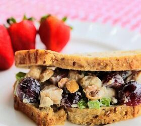the best rotisserie chicken salad recipe, chicken salad sandwich on gingham blanket with strawberries