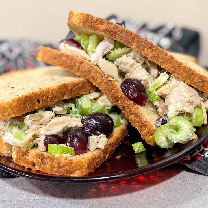 the best rotisserie chicken salad recipe, rotisserie chicken salad sandwich on wheat bread