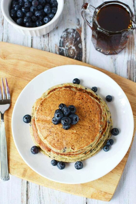 best protein powder pancakes lemon blueberry, Pancakes on a plate topped with blueberries