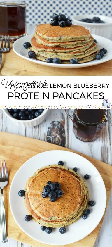 best protein powder pancakes lemon blueberry, Lemon Blueberry Protein Pancakes stacked on a plate