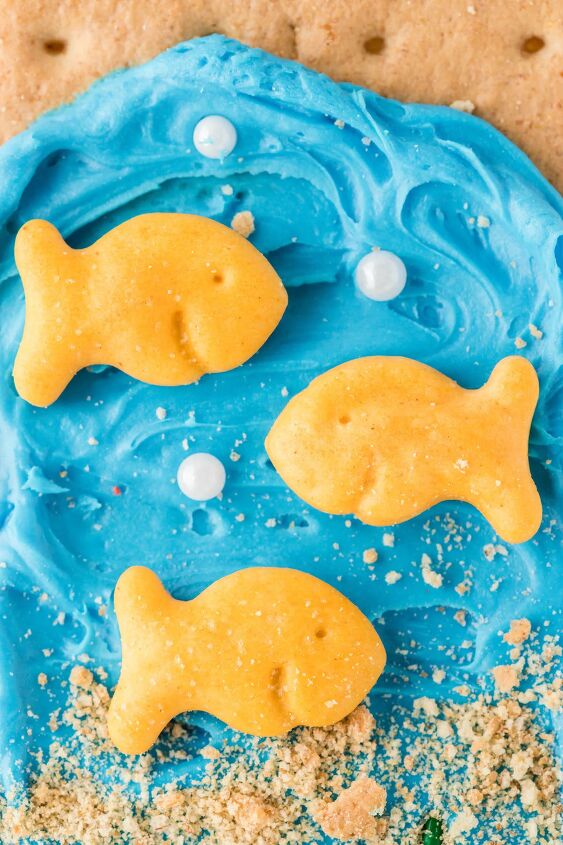 make ocean themed graham cracker snacks for a fun day, super up close view of a goldfish cracker treat that looks like the ocean