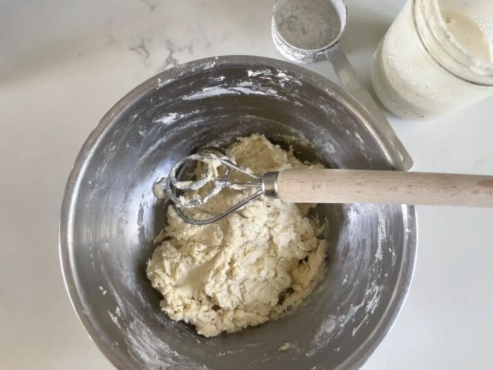 easy perfect sourdough focaccia recipe, metal bowl with focaccia dough and Danish dough hook