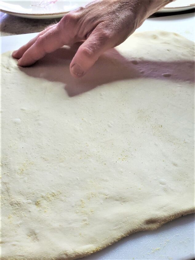 easy fig jam sausage pizza recipe card, flattening dough