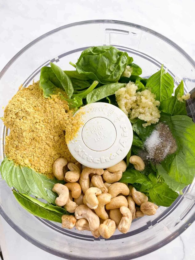 vegan pesto pasta salad, Unblended pesto ingredients in food processor