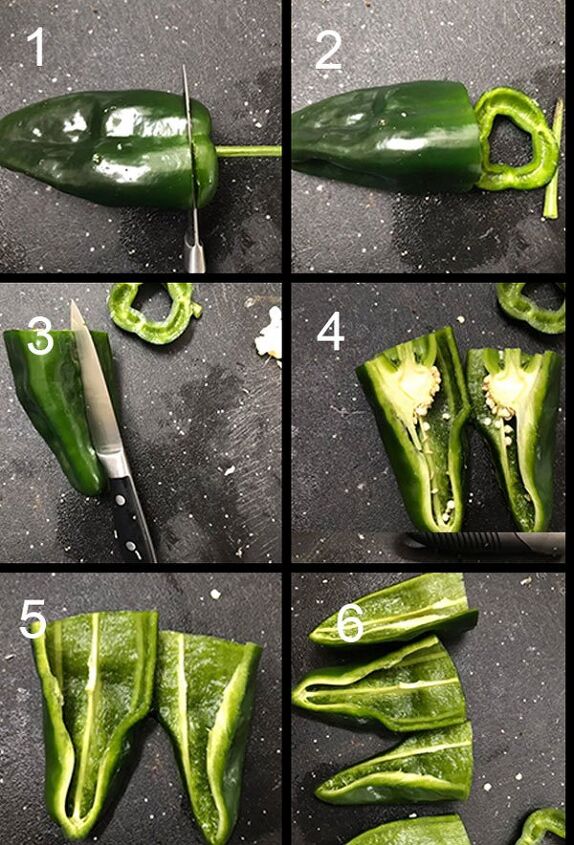 stuffed poblanos casserole, Collage of the steps involved in cutting poblanos