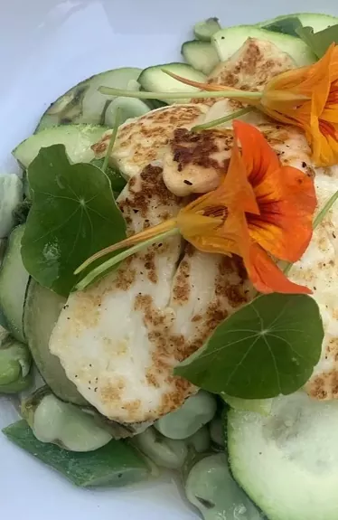 broad bean courgette and halloumi salad