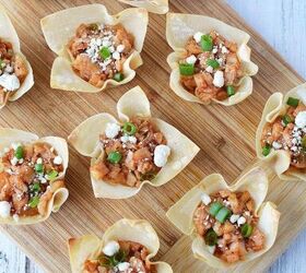 easy bbq chicken wonton cups recipe, Chicken Wonton Cups Appetizers on a cutting board